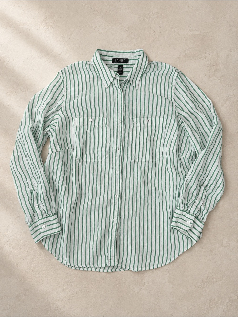 Lauren Ralph Lauren 100% Linen Green White Stripe Button Front Shirt Roll Tab 1X - Picture 1 of 9